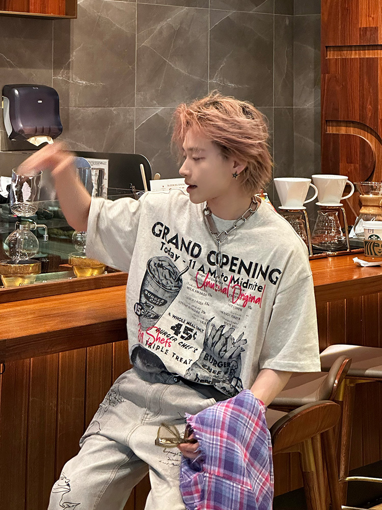 American Vintage Fun Hamburger Print Short Sleeve T-Shirt Unisex 90s Trendy Loose Fit Top American Vintage Fun Hamburger Print Short Sleeve T-Shirt Unisex 90s Trendy Loose Fit Top