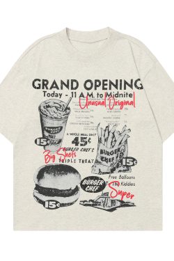 American Vintage Fun Hamburger Print Short Sleeve T-Shirt Unisex 90s Trendy Loose Fit Top