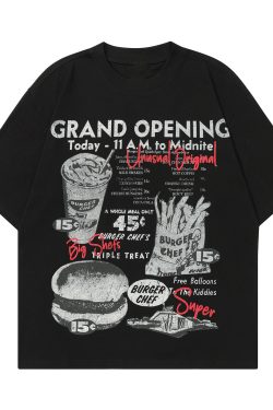 American Vintage Fun Hamburger Print Short Sleeve T-Shirt Unisex 90s Trendy Loose Fit Top