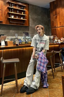 American Vintage Fun Hamburger Print Short Sleeve T-Shirt Unisex 90s Trendy Loose Fit Top