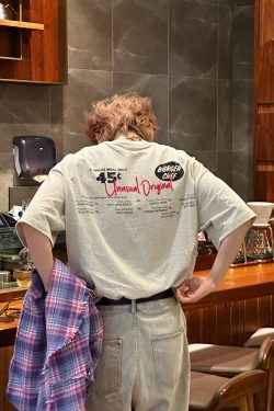 American Vintage Fun Hamburger Print Short Sleeve T-Shirt Unisex 90s Trendy Loose Fit Top