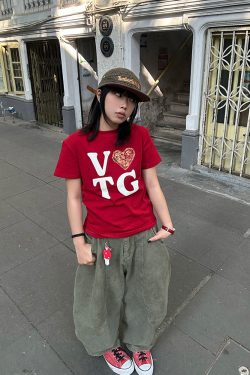 American Vintage Heart Letter Print Short Sleeve T-Shirt for Men and Women - Casual Loose Fit, 2025 Spring/Summer Style