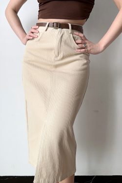 American Vintage High-Waisted Split Front Slim Straight Denim Midi Skirt for Women - 90s Inspired Fashion Essential