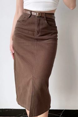 American Vintage High-Waisted Split Front Slim Straight Denim Midi Skirt for Women - 90s Inspired Fashion Essential