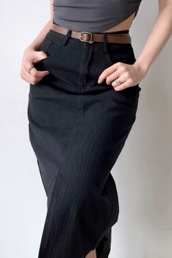 American Vintage High-Waisted Split Front Slim Straight Denim Midi Skirt for Women - 90s Inspired Fashion Essential