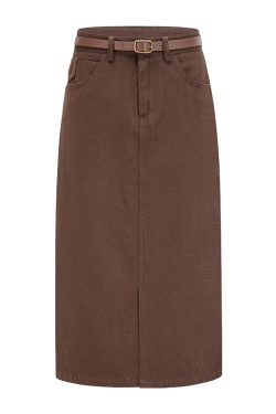 American Vintage High-Waisted Split Front Slim Straight Denim Midi Skirt for Women - 90s Inspired Fashion Essential