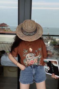 American Vintage Island Vacation Round Neck Printed T-Shirt - Short Sleeve Slim Fit Top for 2024 Spring/Summer Style