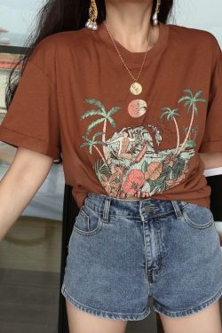 American Vintage Island Vacation Round Neck Printed T-Shirt - Short Sleeve Slim Fit Top for 2024 Spring/Summer Style