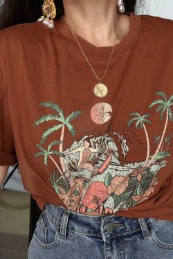 American Vintage Island Vacation Round Neck Printed T-Shirt - Short Sleeve Slim Fit Top for 2024 Spring/Summer Style