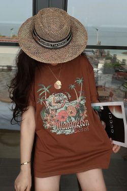 American Vintage Island Vacation Round Neck Printed T-Shirt - Short Sleeve Slim Fit Top for 2024 Spring/Summer Style