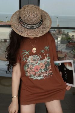 American Vintage Island Vacation Round Neck Printed T-Shirt - Short Sleeve Slim Fit Top for 2024 Spring/Summer Style