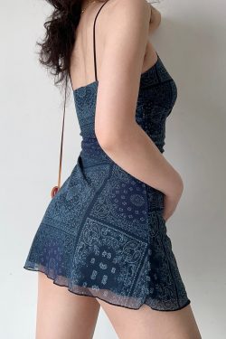 American Vintage Lace-Up Mesh Printed Camisole Dress - Women's Slim A-Line Short Skirt, Y2K Style