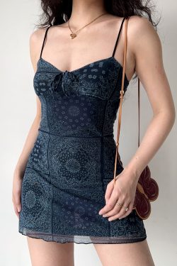 American Vintage Lace-Up Mesh Printed Camisole Dress - Women's Slim A-Line Short Skirt, Y2K Style