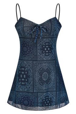 American Vintage Lace-Up Mesh Printed Camisole Dress - Women's Slim A-Line Short Skirt, Y2K Style
