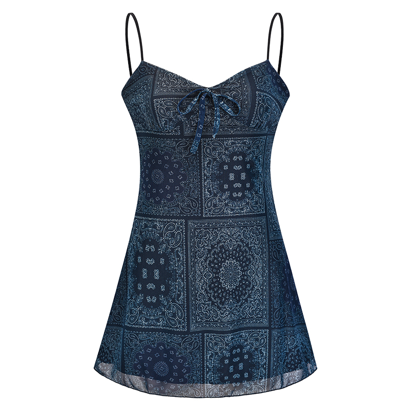 American Vintage Lace-Up Mesh Printed Camisole Dress - Women's Slim A-Line Short Skirt, Y2K Style American Vintage Lace-Up Mesh Printed Camisole Dress - Women's Slim A-Line Short Skirt, Y2K Style