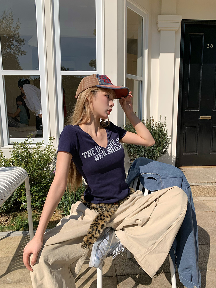 American Vintage Letter Print Short Sleeve T-Shirt for Women - Slim Fit Loose Top, Spring Summer 90s Casual Style American Vintage Letter Print Short Sleeve T-Shirt for Women - Slim Fit Loose Top, Spring Summer 90s Casual Style