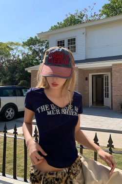 American Vintage Letter Print Short Sleeve T-Shirt for Women - Slim Fit Loose Top, Spring Summer 90s Casual Style