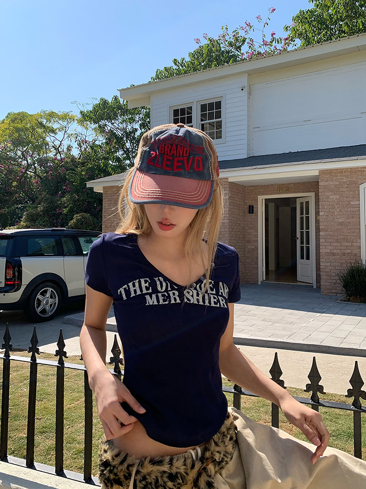 American Vintage Letter Print Short Sleeve T-Shirt for Women - Slim Fit Loose Top, Spring Summer 90s Casual Style American Vintage Letter Print Short Sleeve T-Shirt for Women - Slim Fit Loose Top, Spring Summer 90s Casual Style