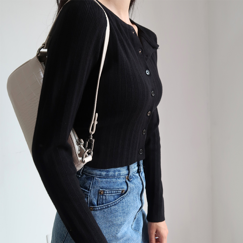 American Vintage Ribbed Knit Cardigan - Small Round Neck, Single-Breasted, Long Sleeve, Loose-Fitting, High-Waisted, Tie-Button Style American Vintage Ribbed Knit Cardigan - Small Round Neck, Single-Breasted, Long Sleeve, Loose-Fitting, High-Waisted, Tie-Button Style