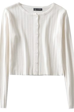 American Vintage Ribbed Knit Cardigan - Small Round Neck, Single-Breasted, Long Sleeve, Loose-Fitting, High-Waisted, Tie-Button Style