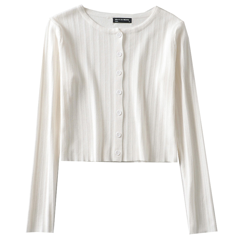 American Vintage Ribbed Knit Cardigan - Small Round Neck, Single-Breasted, Long Sleeve, Loose-Fitting, High-Waisted, Tie-Button Style American Vintage Ribbed Knit Cardigan - Small Round Neck, Single-Breasted, Long Sleeve, Loose-Fitting, High-Waisted, Tie-Button Style