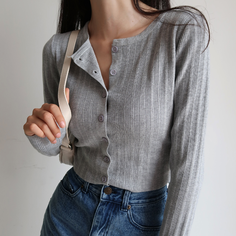 American Vintage Ribbed Knit Cardigan - Small Round Neck, Single-Breasted, Long Sleeve, Loose-Fitting, High-Waisted, Tie-Button Style American Vintage Ribbed Knit Cardigan - Small Round Neck, Single-Breasted, Long Sleeve, Loose-Fitting, High-Waisted, Tie-Button Style