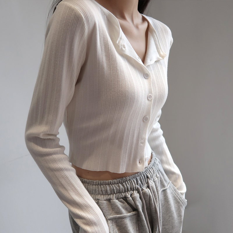 American Vintage Ribbed Knit Cardigan - Small Round Neck, Single-Breasted, Long Sleeve, Loose-Fitting, High-Waisted, Tie-Button Style American Vintage Ribbed Knit Cardigan - Small Round Neck, Single-Breasted, Long Sleeve, Loose-Fitting, High-Waisted, Tie-Button Style