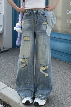 American Vintage Ripped Straight Leg Jeans for Women - Summer Mid-Waist Slim Wide-Leg Style - 90s Inspired Fashion