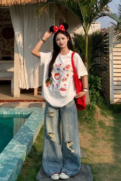 American Vintage Ripped Straight Leg Jeans for Women - Summer Mid-Waist Slim Wide-Leg Style - 90s Inspired Fashion