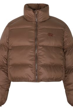 American Vintage Round Letter Stand Collar White Duck Down Winter Jacket - Trendy Small Size Outerwear for Y2K Style