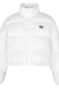 American Vintage Round Letter Stand Collar White Duck Down Winter Jacket - Trendy Small Size Outerwear for Y2K Style