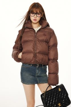 American Vintage Round Letter Stand Collar White Duck Down Winter Jacket - Trendy Small Size Outerwear for Y2K Style