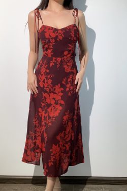 American Vintage Sexy Low-Cut Tie Floral Print Waist-Defined Side-Slit Spaghetti Strap Maxi Dress for Women - Y2K Style