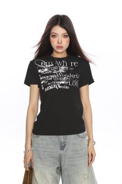 American Vintage Shoulder Short Sleeve T-Shirt for Women - Summer Casual Round Neck Top in Loose Slim Fit, Trendy Vintage Style