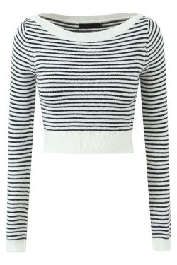 American Vintage Striped High-Waisted Cropped Long Sleeve Knit Sweater Top in Black and White - Y2K Retro Style Fashion