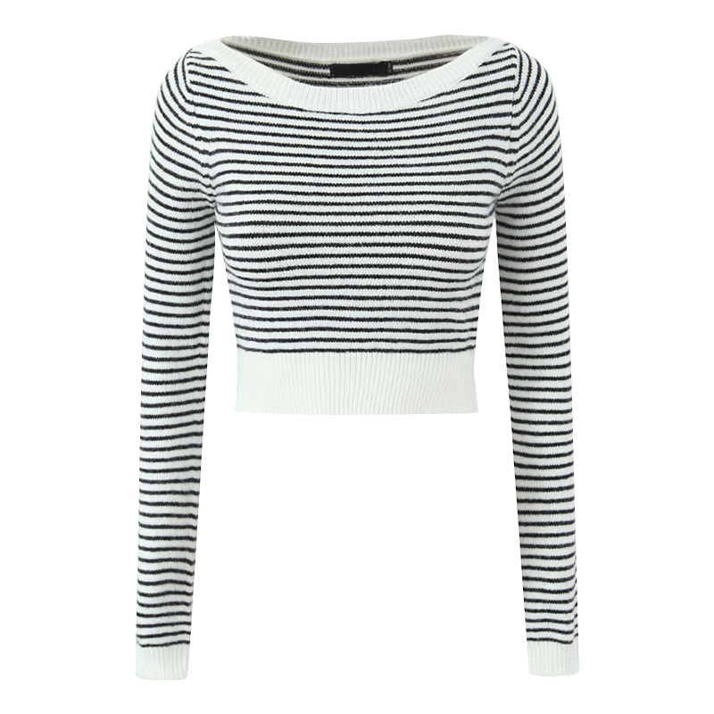 American Vintage Striped High-Waisted Cropped Long Sleeve Knit Sweater Top in Black and White - Y2K Retro Style Fashion American Vintage Striped High-Waisted Cropped Long Sleeve Knit Sweater Top in Black and White - Y2K Retro Style Fashion