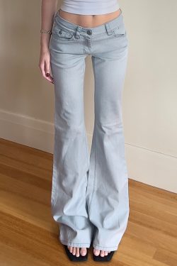 American Vintage Style Low Waist Flared Jeans for Women - Slim Fit Solid Color Versatile Long Pants