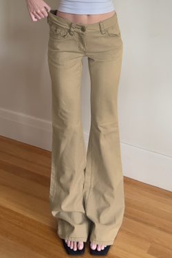 American Vintage Style Low Waist Flared Jeans for Women - Slim Fit Solid Color Versatile Long Pants