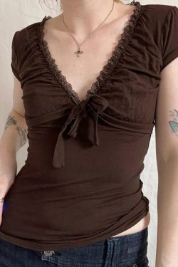 Artistic Vintage Brown Lace Trim Bow Top Women's Summer Retro V-Neck Slim T-Shirt - 90s Inspired Fashion
