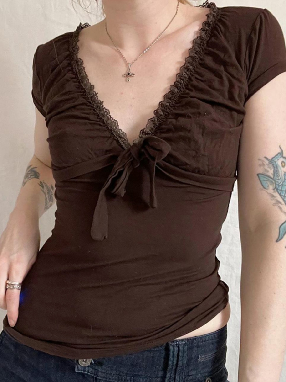 Artistic Vintage Brown Lace Trim Bow Top Women's Summer Retro V-Neck Slim T-Shirt - 90s Inspired Fashion Artistic Vintage Brown Lace Trim Bow Top Women's Summer Retro V-Neck Slim T-Shirt - 90s Inspired Fashion