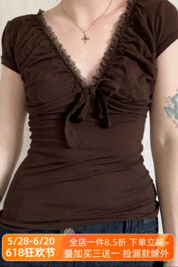Artistic Vintage Brown Lace Trim Bow Top Women's Summer Retro V-Neck Slim T-Shirt - 90s Inspired Fashion