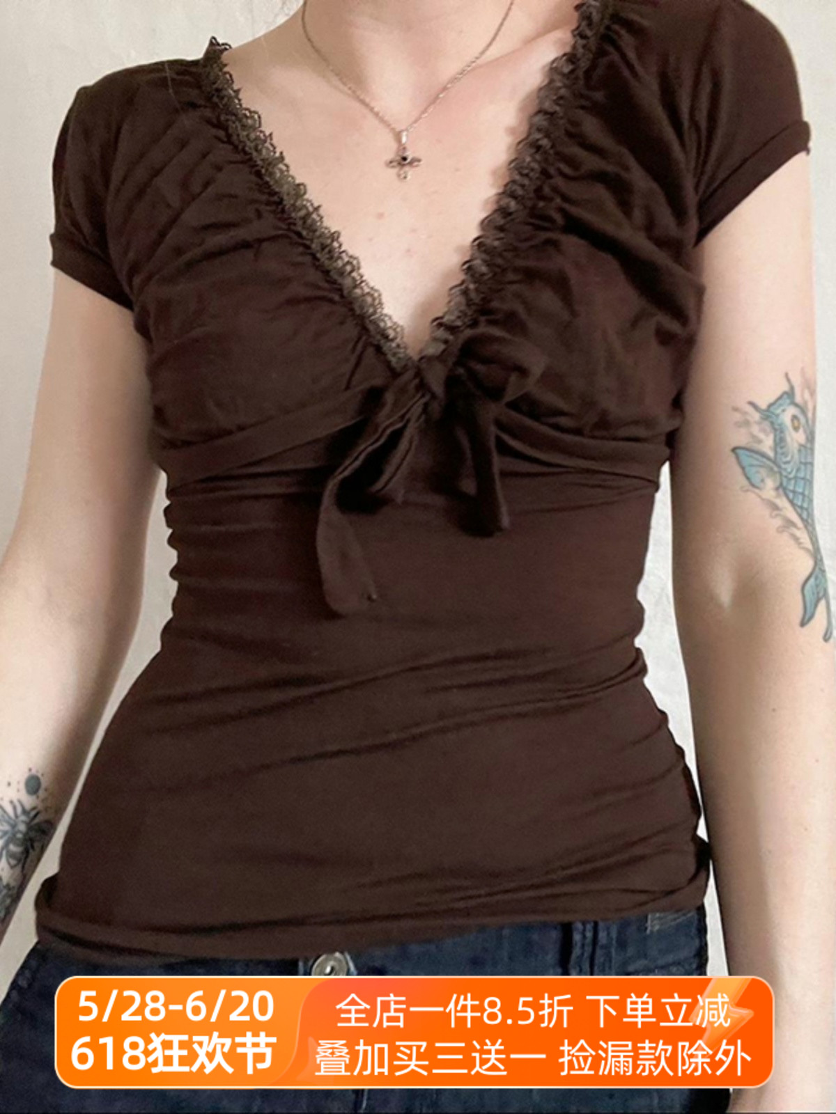 Artistic Vintage Brown Lace Trim Bow Top Women's Summer Retro V-Neck Slim T-Shirt - 90s Inspired Fashion Artistic Vintage Brown Lace Trim Bow Top Women's Summer Retro V-Neck Slim T-Shirt - 90s Inspired Fashion