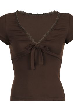 Artistic Vintage Brown Lace Trim Bow Top Women's Summer Retro V-Neck Slim T-Shirt - 90s Inspired Fashion