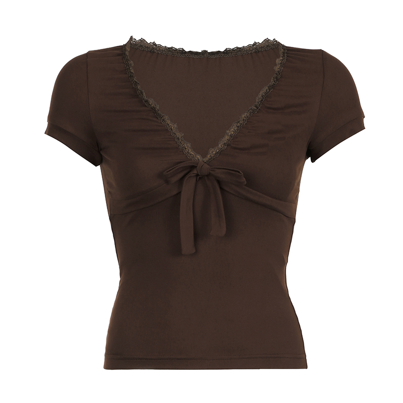 Artistic Vintage Brown Lace Trim Bow Top Women's Summer Retro V-Neck Slim T-Shirt - 90s Inspired Fashion Artistic Vintage Brown Lace Trim Bow Top Women's Summer Retro V-Neck Slim T-Shirt - 90s Inspired Fashion