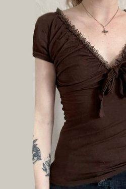Artistic Vintage Brown Lace Trim Bow Top Women's Summer Retro V-Neck Slim T-Shirt - 90s Inspired Fashion