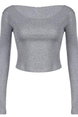 Ash Gray Off-Shoulder Hoodie T-Shirt for Women, Short Style Slim Fit, Versatile Cool Long Sleeve Top, Y2K Casual Fashion