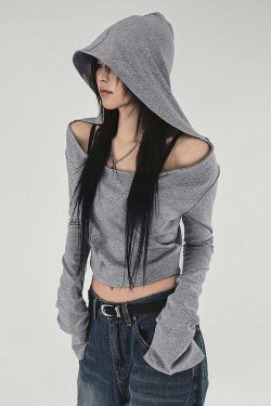 Ash Gray Off-Shoulder Hoodie T-Shirt for Women, Short Style Slim Fit, Versatile Cool Long Sleeve Top, Y2K Casual Fashion