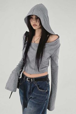 Ash Gray Off-Shoulder Hoodie T-Shirt for Women, Short Style Slim Fit, Versatile Cool Long Sleeve Top, Y2K Casual Fashion