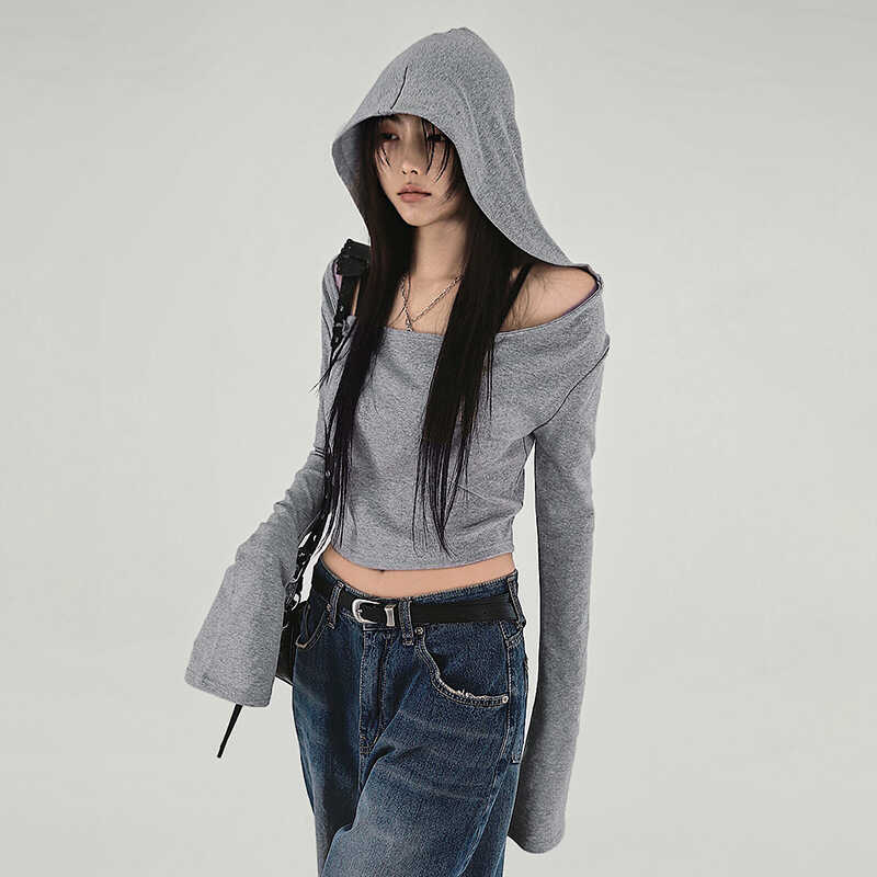 Ash Gray Off-Shoulder Hoodie T-Shirt for Women, Short Style Slim Fit, Versatile Cool Long Sleeve Top, Y2K Casual Fashion Ash Gray Off-Shoulder Hoodie T-Shirt for Women, Short Style Slim Fit, Versatile Cool Long Sleeve Top, Y2K Casual Fashion