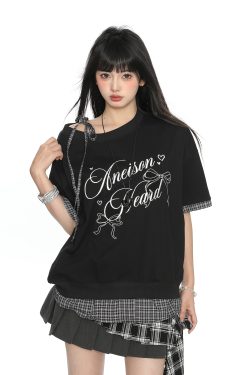 Asymmetrical Bow Tie Two-Piece Short Sleeve T-Shirt for Women - Summer Slimming Top in Korean Style